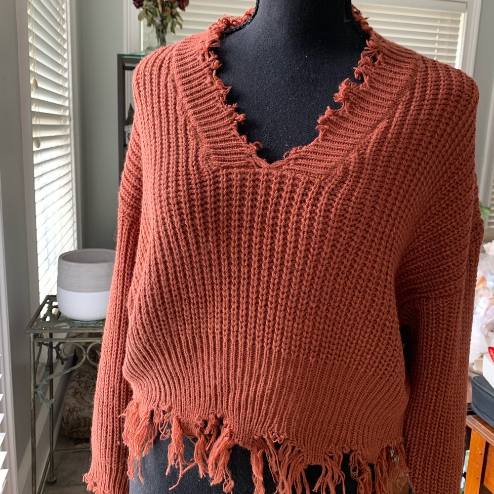 Coco Jaimeson fringe v neck sweater rust small